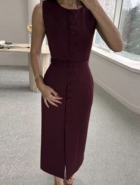 Burgundy Sleeveless Button Front Midi Dress with Belt Detail Size M